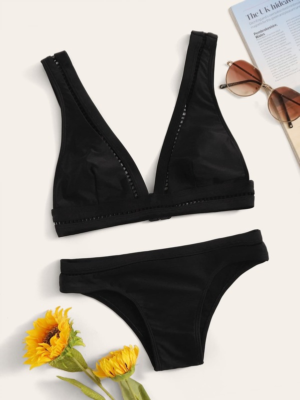 

Solid Ladder Cut Out Bikini Set, Black