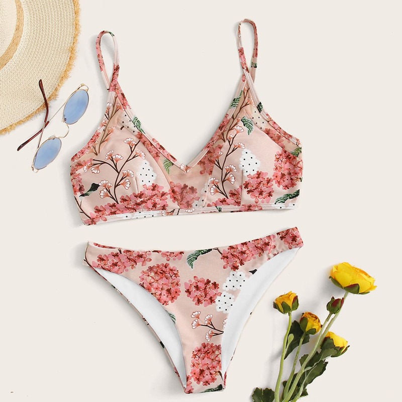 

Floral Random Print Contrast Mesh Bikini Set, Multicolor