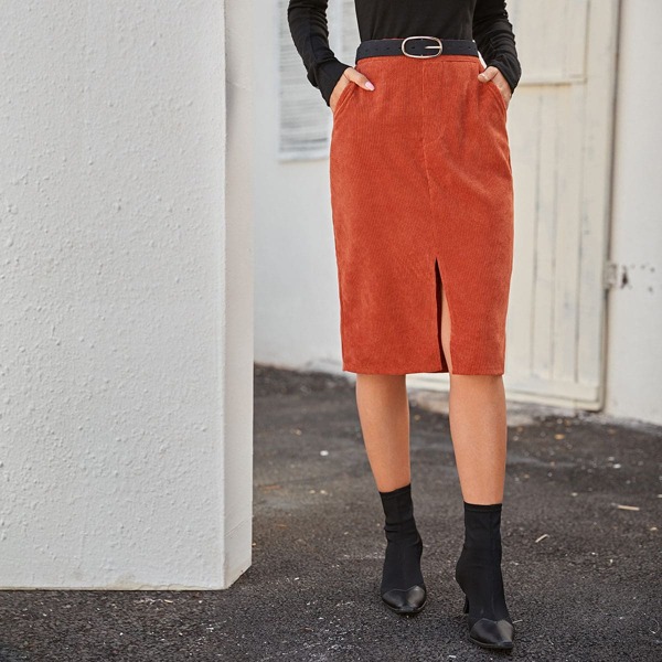 

Corduroy Slant Pocket Split Front Skirt, Red