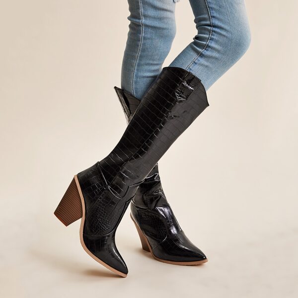 

Point Toe Croc Embossed Western Boots, Black
