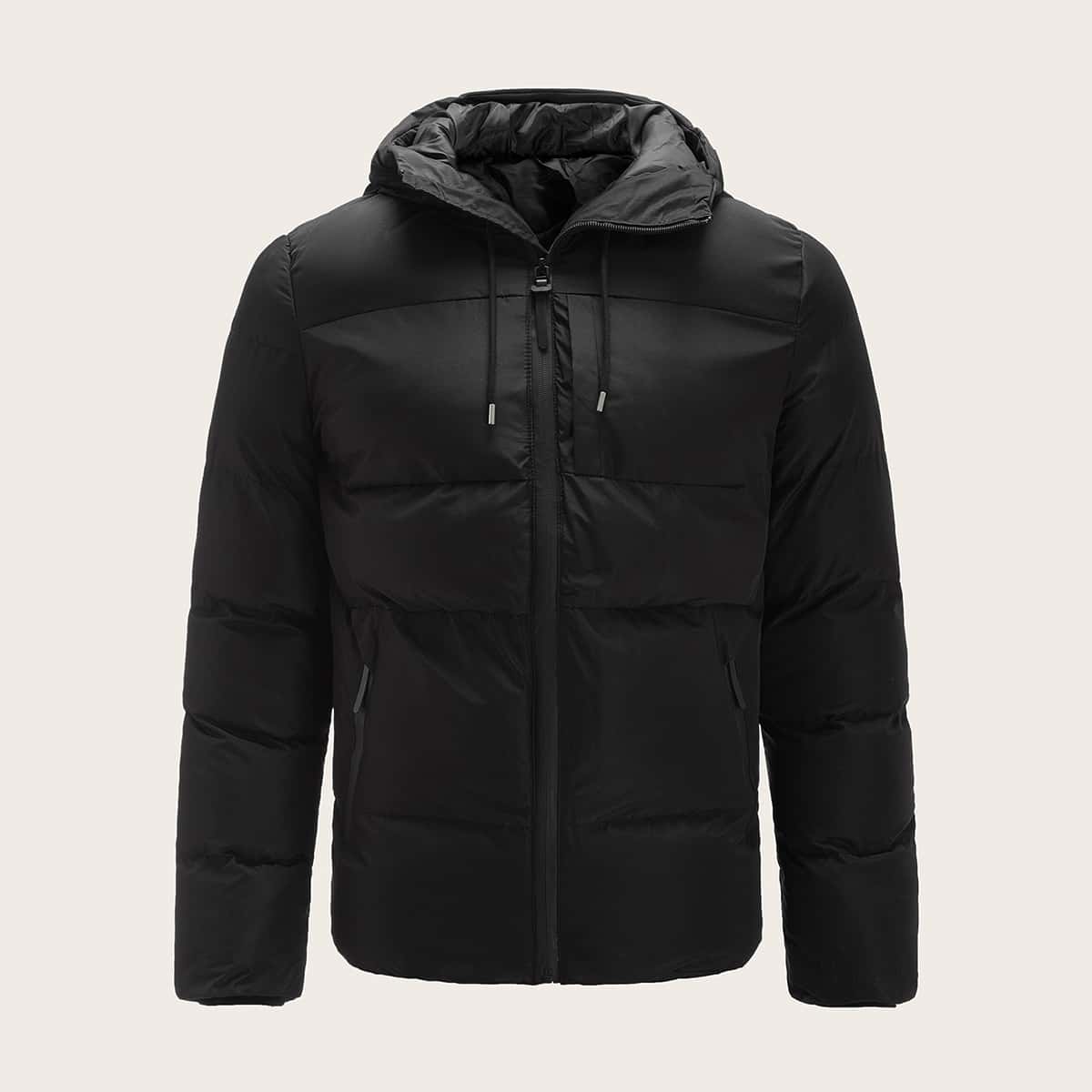 

Guys Solid Drawstring Zip-up Padded Coat, Black