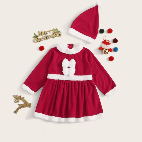 

Toddler Girls Christmas Contrast Panel Flannel Dress With Hat, Red