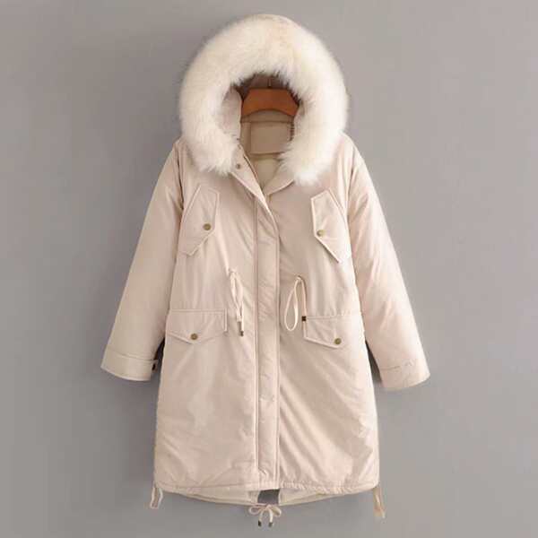 

Contrast Faux Fur Drawstring Waist Parka Coat, Beige