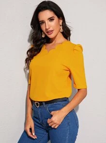 SHEIN Clasi 貝殼邊素色上衣 - 芥末黃 - 查看 1