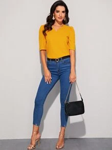 SHEIN Clasi 貝殼邊素色上衣 - 芥末黃 - 查看 3