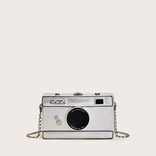 

Camera Design Chain Crossbody Bag, Silver