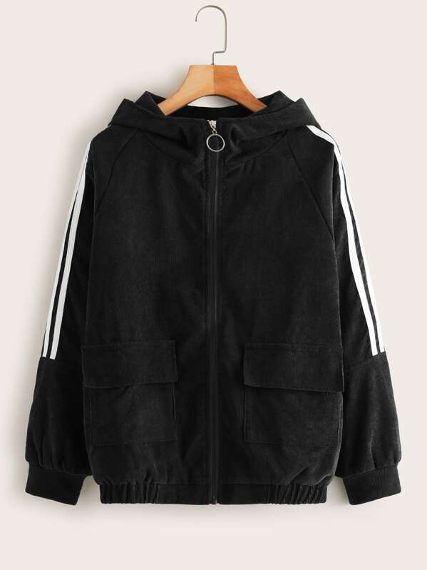

Side Striped Hooded O-ring Zip Corduroy Jacket, Black