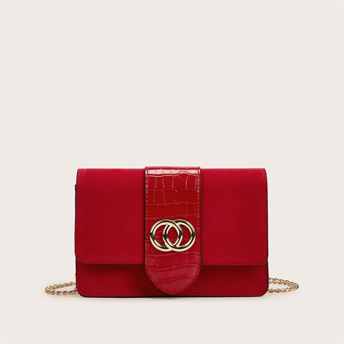 

Suede Panel Croc Embossed Chain Bag, Red