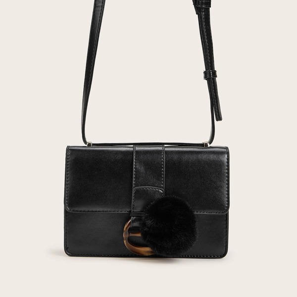 

Pom Pom Decor Crossbody Bag, Black