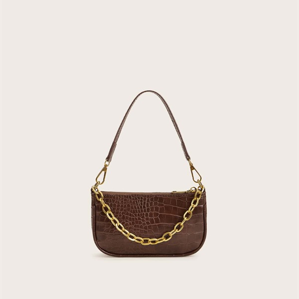 

Croc Embossed Baguette Bag With Chain Handle, Brown