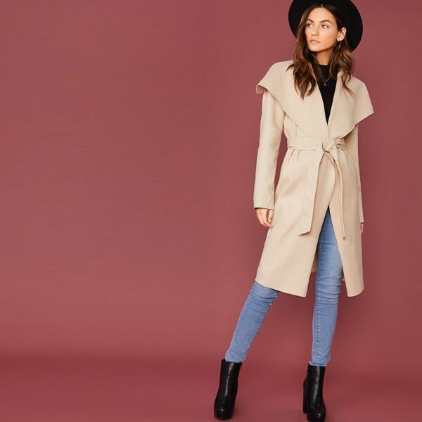 

Waterfall Collar Self Belted Coat, Beige