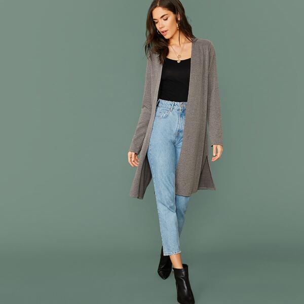 

Split Side Open Front Heathered Knit Coat, Grey