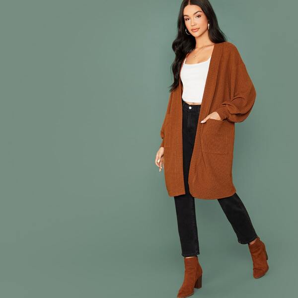 

Open Front Lantern Sleeve Patch Pocket Coat, Brown