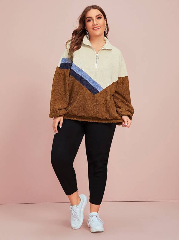 

Plus Colorblock Zip Half Placket Teddy Pullover, Multicolor, Franziska