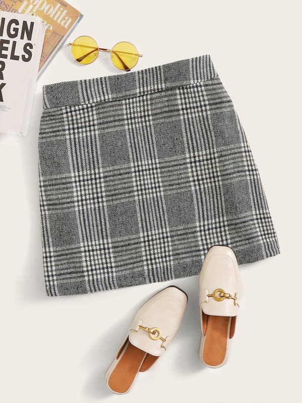 

Zipper Detail Plaid Mini Skirt, Grey