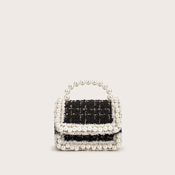 

Mini Faux Pearl Decor Satchel Bag, Black and white