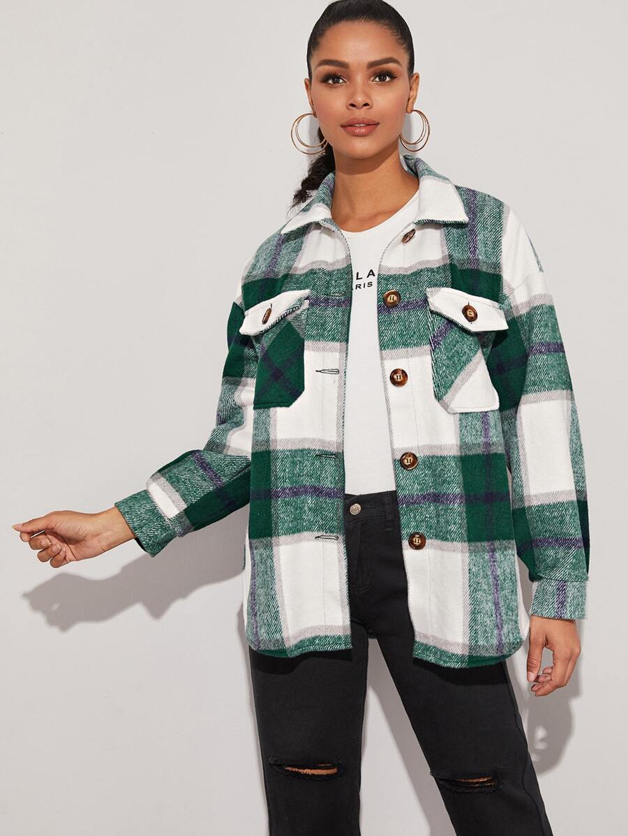 SHEIN Essnce Plaid Flap Pocket Overshirt - Green - View 1