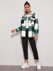 SHEIN Essnce Plaid Flap Pocket Overshirt - Green - View 5