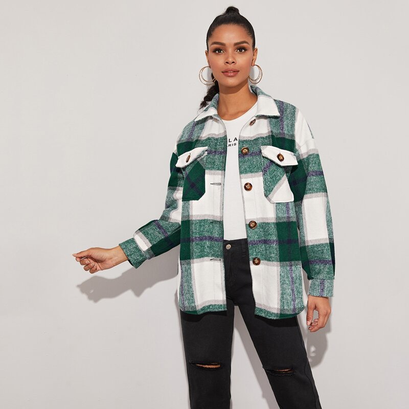 

Buttoned Flap Pocket Front Plaid Coat, Green
