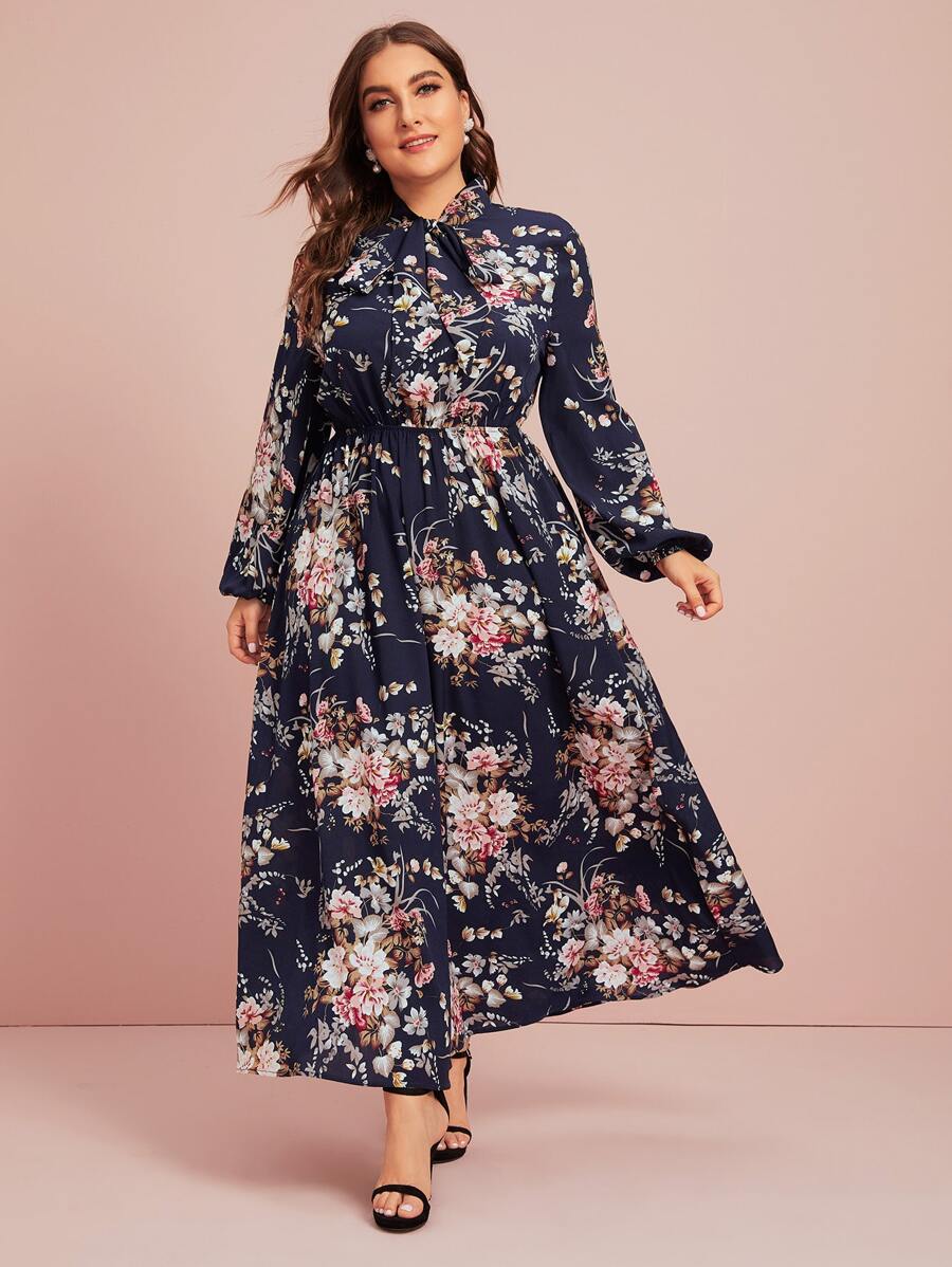 SHEIN Plus Floral Print Tie Neck Blouson Sleeve Maxi Dress