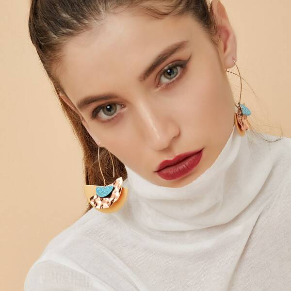 

1pair Color Block Textured Half Hoop Drop Earrings, Multicolor