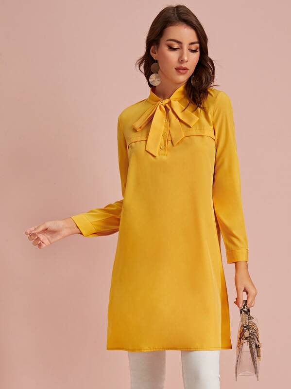 

Solid Tie Neck Embroidered Longline Blouse, Yellow