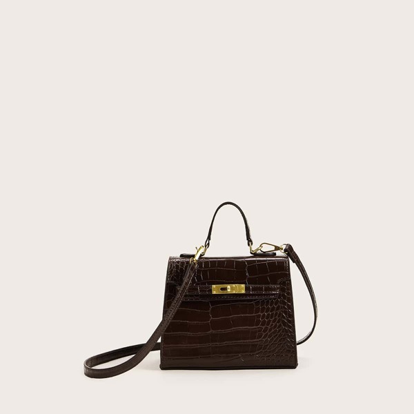

Twist Lock Croc Embossed Satchel Bag, Brown