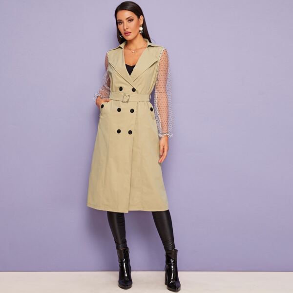 

Self Tie Contrast Mesh Sleeve Trench Coat, Khaki