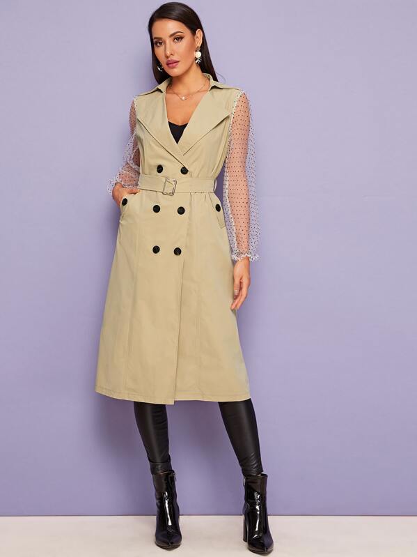 

Self Tie Contrast Mesh Sleeve Trench Coat, Khaki, ZulcarD