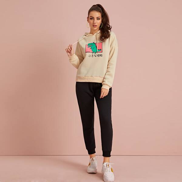 

Cartoon And Letter Print Hoodie With Sweatpants Set, Multicolor