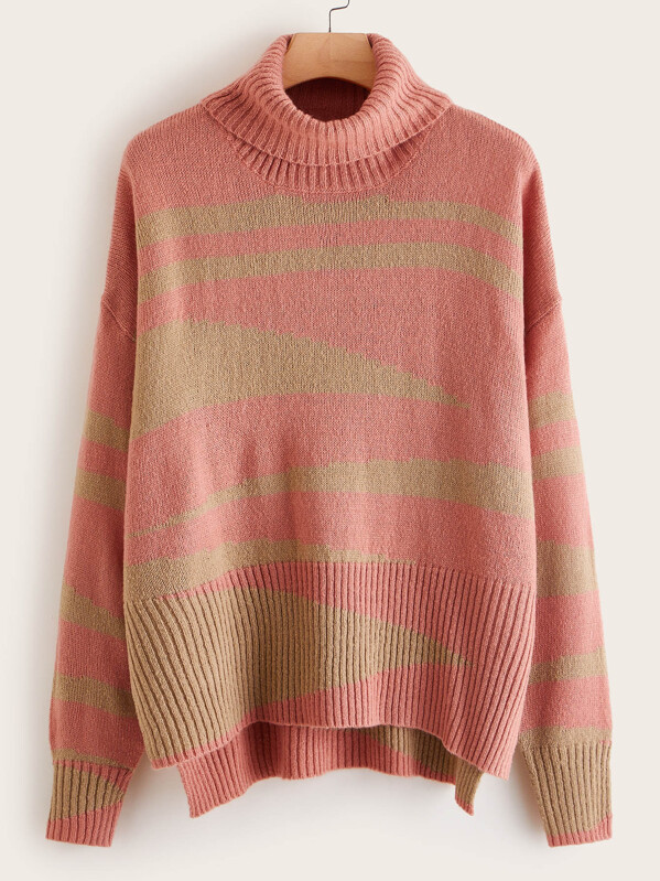 

Plus Funnel Neck Drop Shoulder High-low Sweater, Multicolor