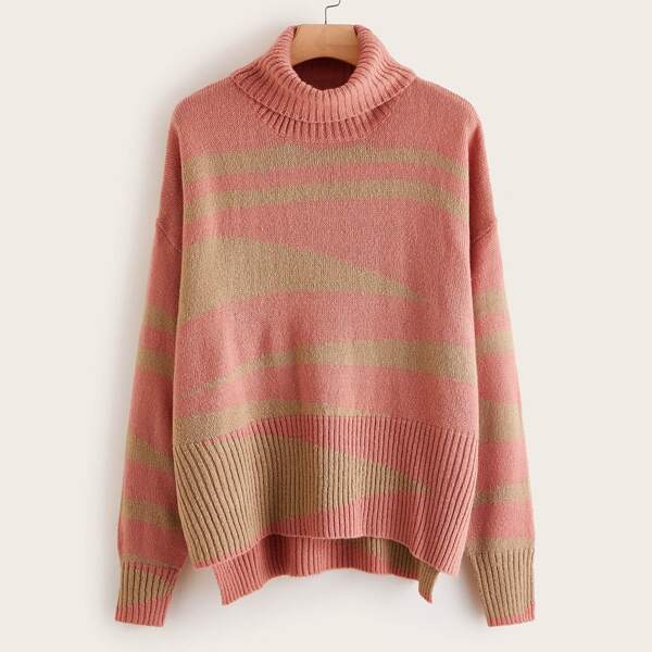 

Plus Funnel Neck Drop Shoulder High-low Sweater, Multicolor