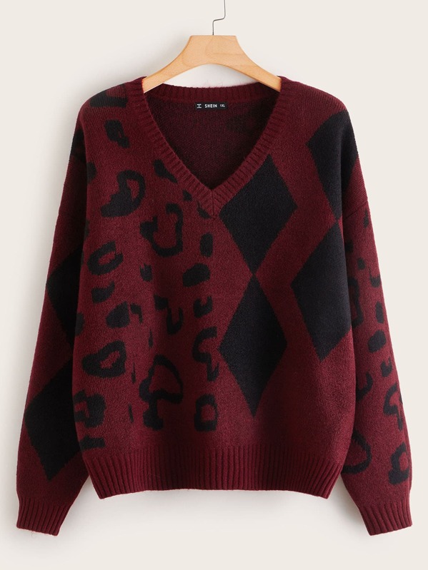 

Plus Two Tone Mixed Pattern Sweater, Burgundy