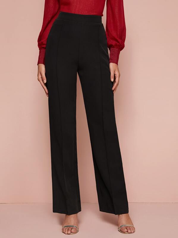 

Solid Straight Leg Elastic Waist Pants, Black, Luiza