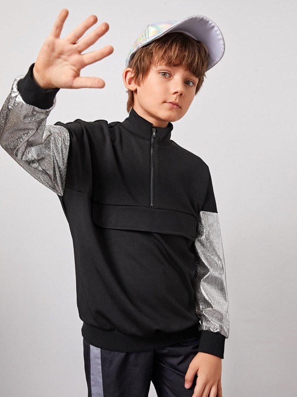 

Boys Zip Half Placket Metallic Sleeve Pullover, Black, Bogdan