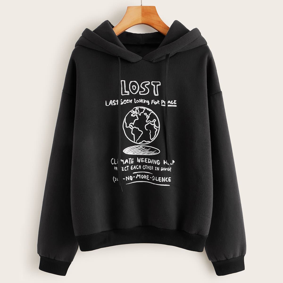 

Slogan & Graphic Print Drawstring Hoodie, Grey