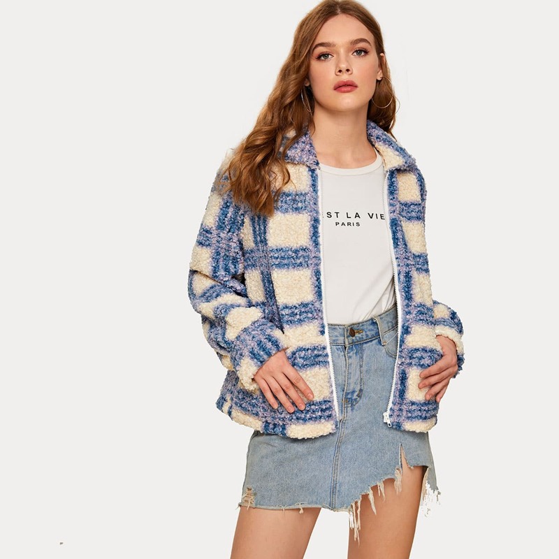 

Plaid Zip-up Teddy Jacket, Multicolor