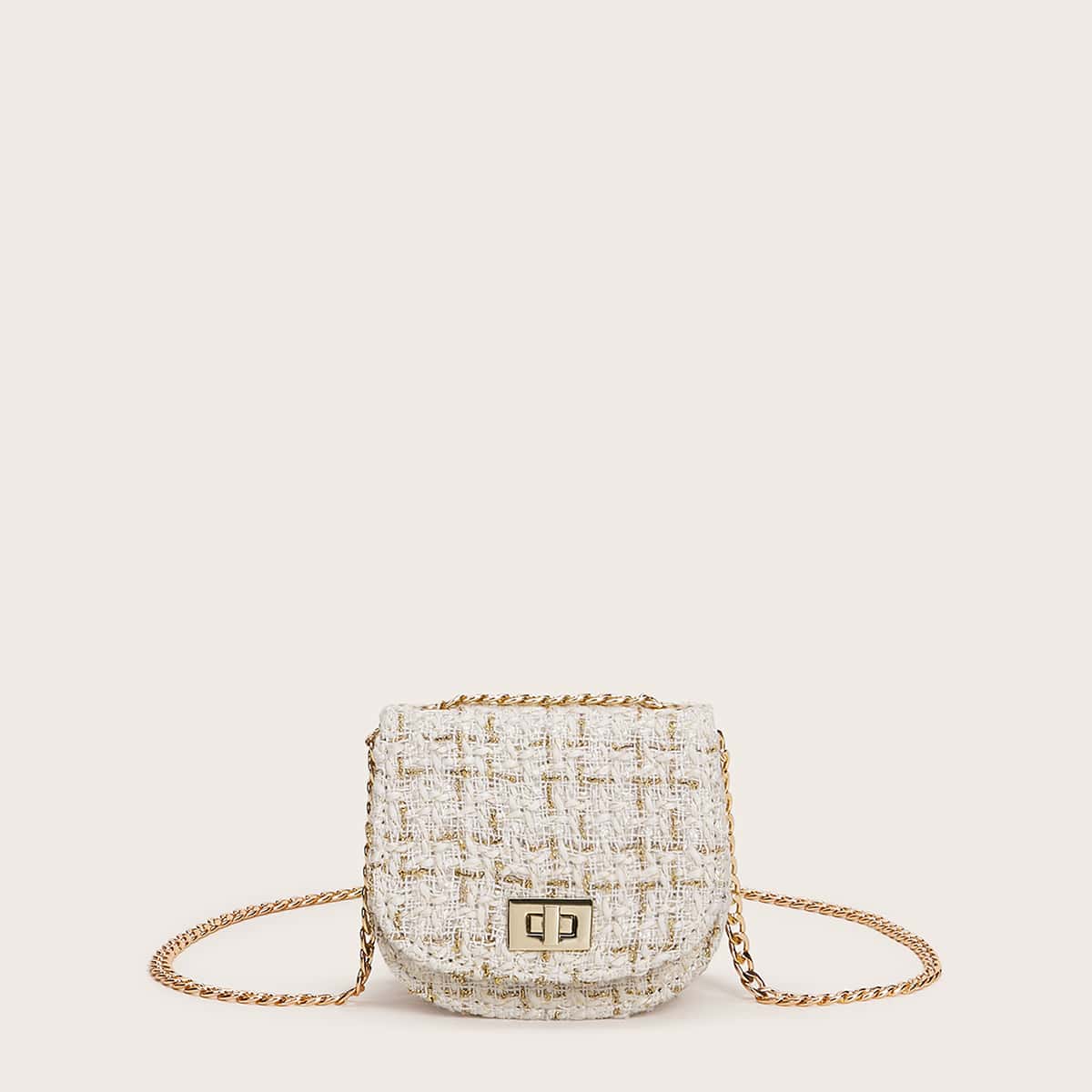 

Mini Twist Lock Plaid Chain Bag, White