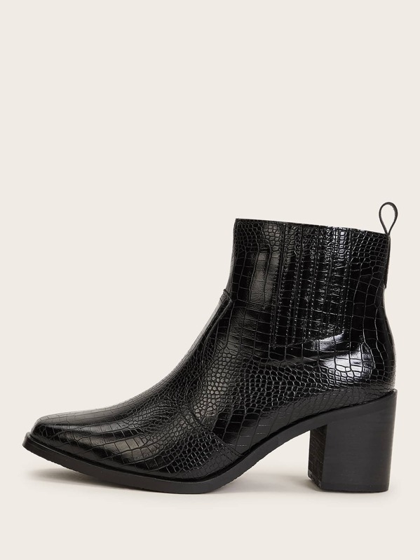 

Point Toe Croc Embossed Chunky Boots, Black