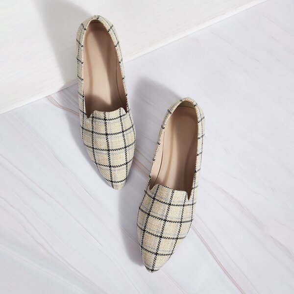 

Point Toe Plaid Flat Loafers, Apricot