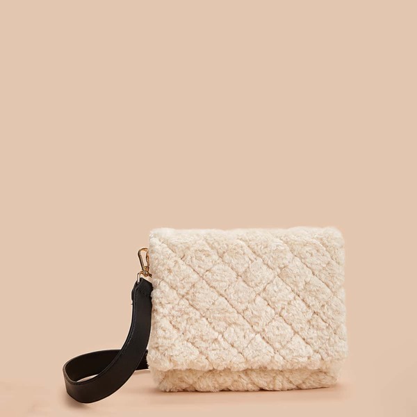 

Quilted Fluffy Crossbody Bag, White