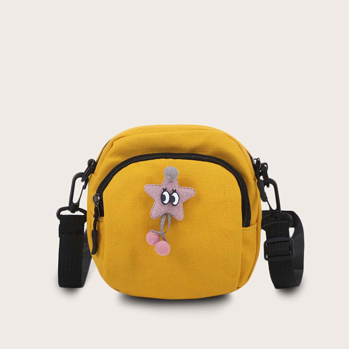 

Pom Pom Decor Canvas Crossbody Bag, Yellow