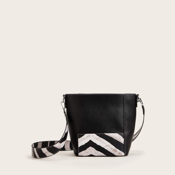 

2pcs Striped Bucket Bag With Crossbody Bag, Black