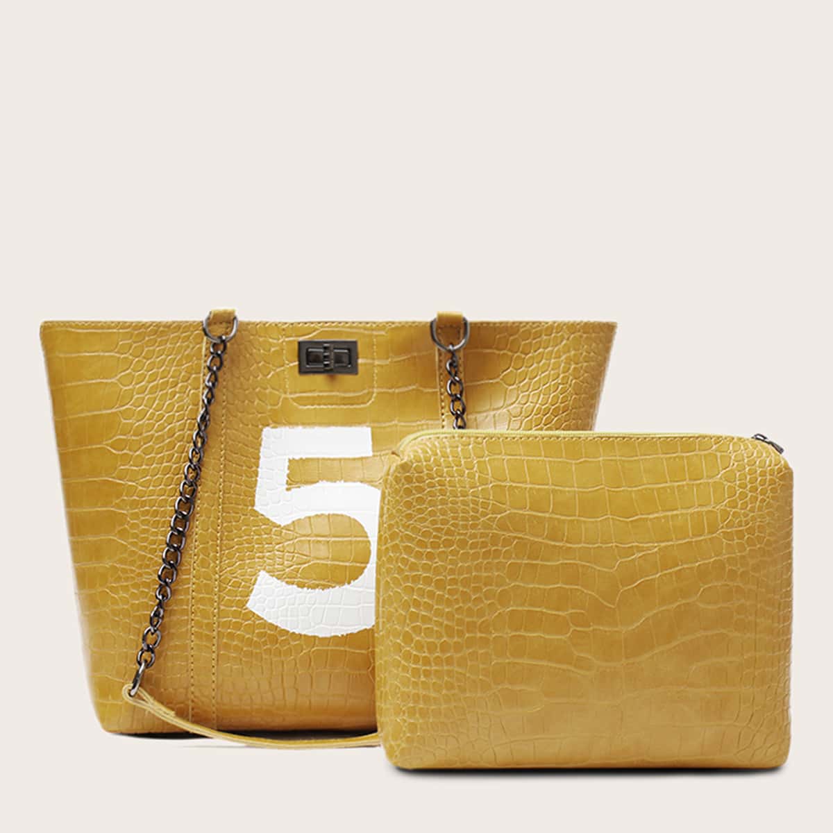 

Twist Lock Croc Embossed Tote Bag With Inner Clutch, Yellow