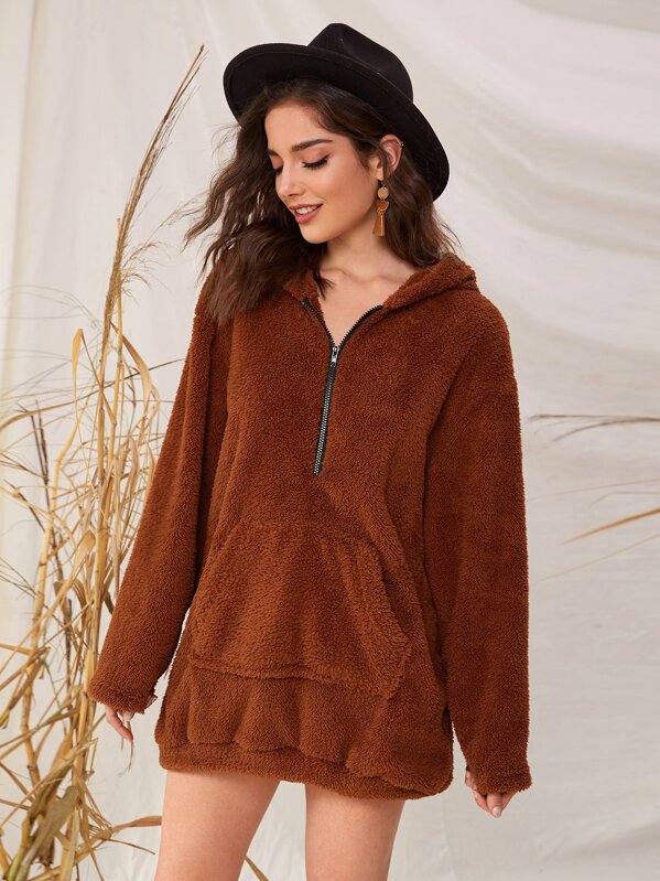 

Half Zip Kangaroo Pocket Teddy Sweatshirt Dress, Brown, Dayannne