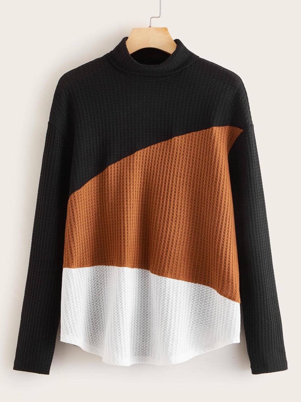 

Rolled Neck Colorblock Waffle Knit Tee, Multicolor