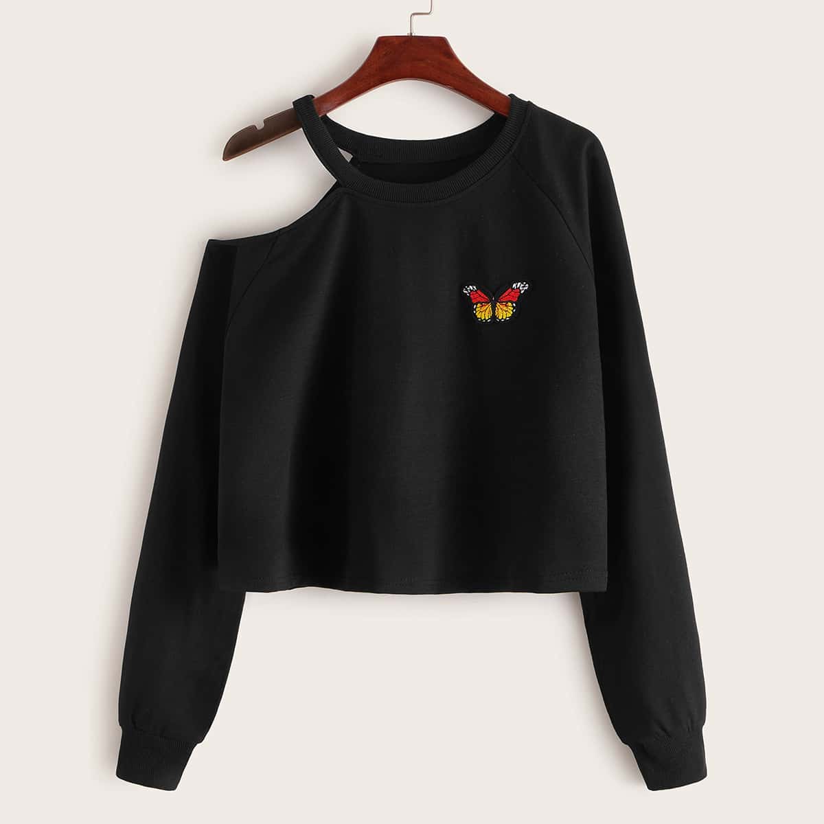 

Butterfly Patched Asymmetrical Neck Sweatshirt, Black