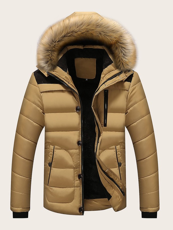 

Men Contrast Faux Fur Hooded Padded Coat, Khaki