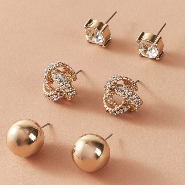 

3pairs Rhinestone Engraved Stud Earrings, Gold