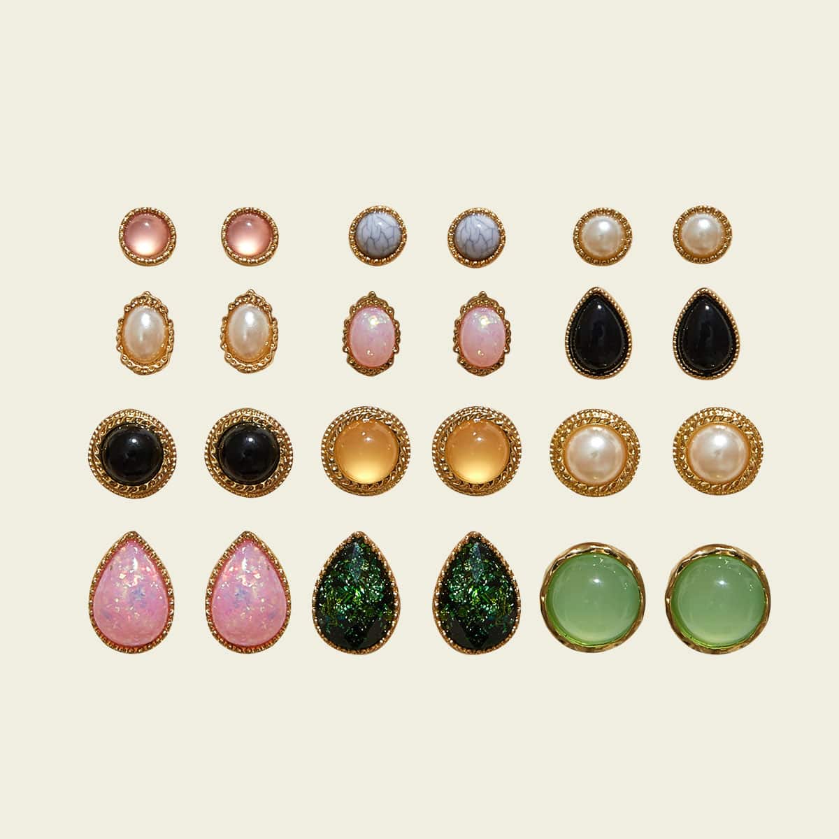 

12pais Gemstone Stud Earrings, Multicolor